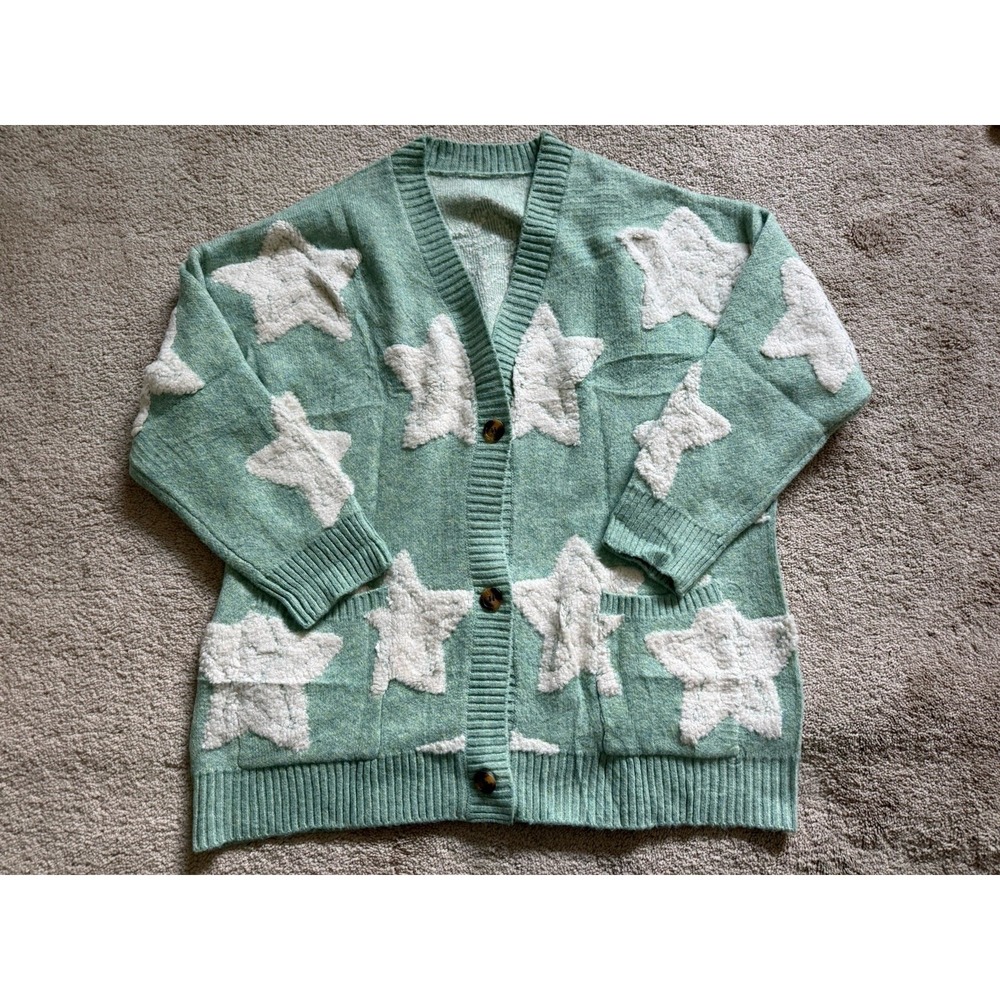 Sage Green V-neck Button-Down Cardigan Textured Star Wool Blend Size Large